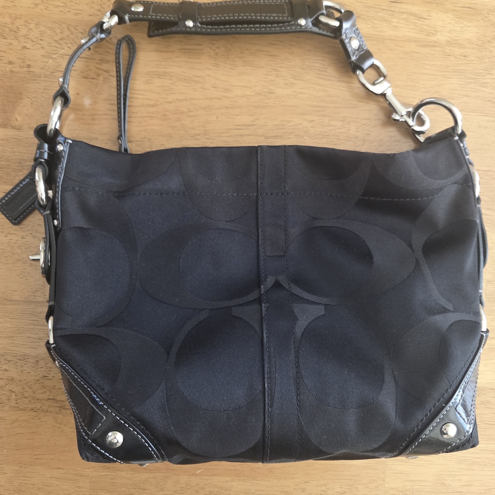 Coach Black Logo-Print Shoulder Bag with Leather Trim